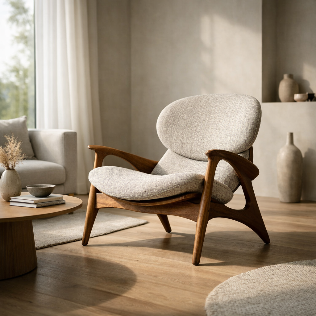 Generated image for: create an image with A modern designer chair placed in a stylish minimalist living room, soft natural light com…