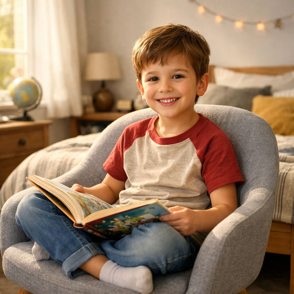 Generated image for: Please generate an image of a cheerful young boy sitting comfortably on a modern chair in a bright, cozy bedroo…