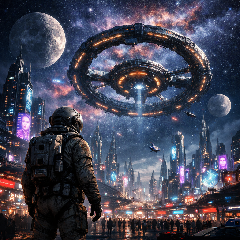 Generated image for: Generate a high-quality science-fiction image of a vast futuristic city on an alien planet at night.