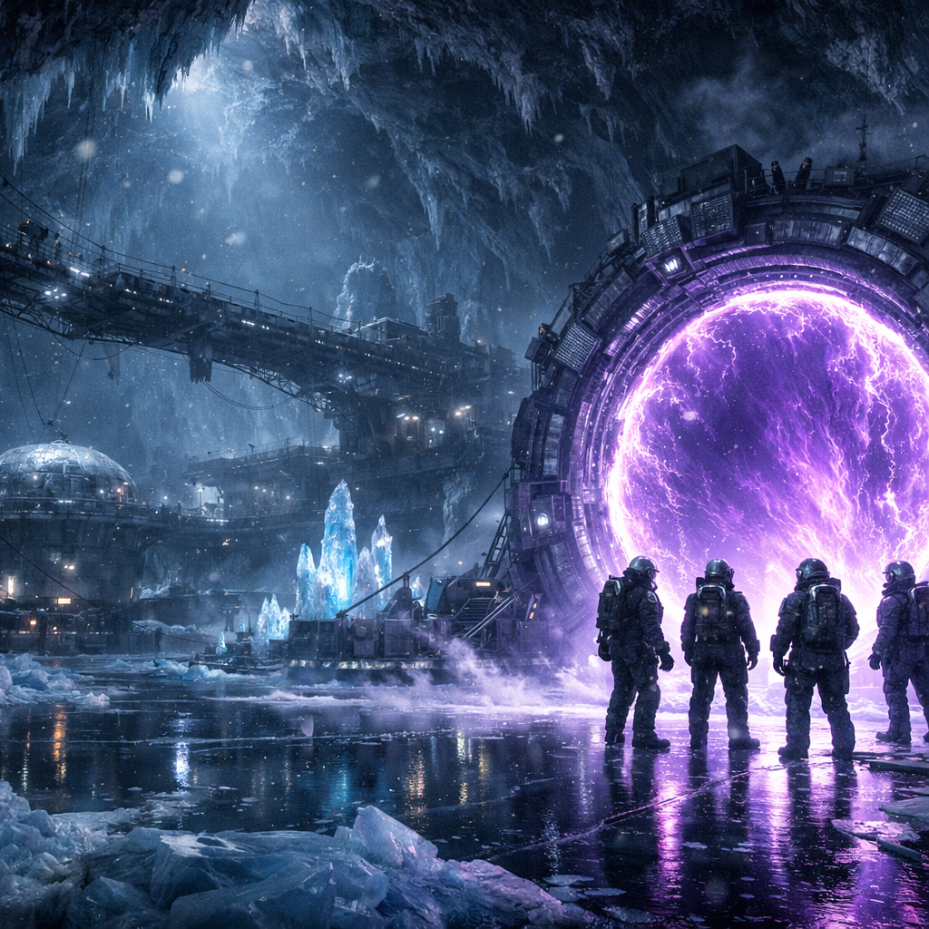 Generated image for: Generate a cinematic science-fiction image of an abandoned research station beneath the frozen surface of an al…