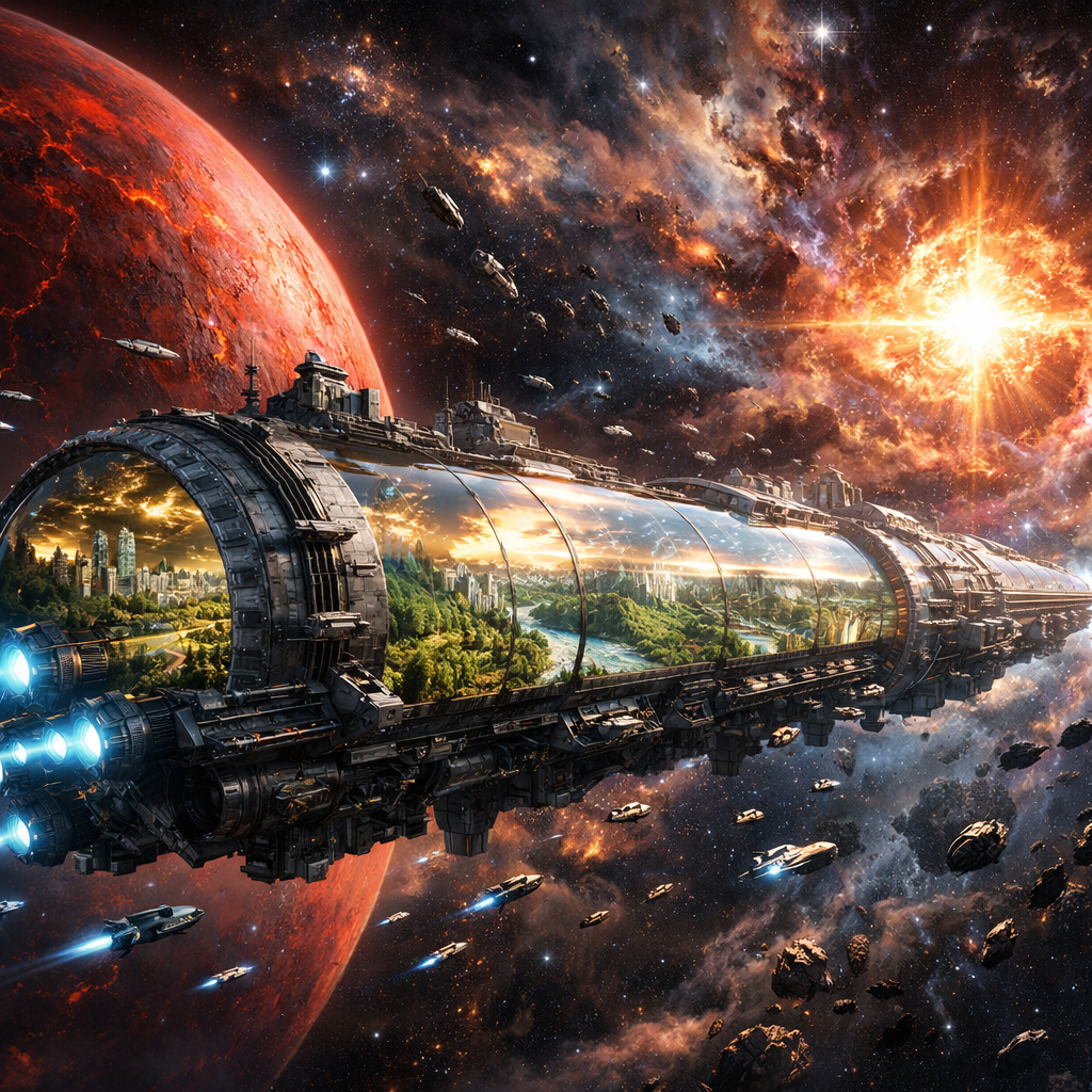 Generated image for: Generate a breathtaking science-fiction image of a gigantic interstellar ark traveling through deep space.