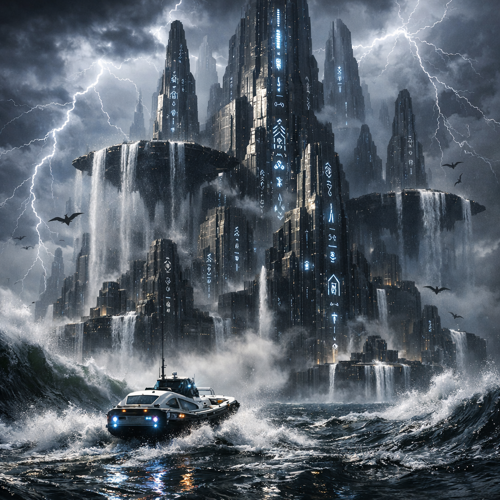 Generated image for: Generate a dramatic science-fiction image of a colossal alien structure rising from a black ocean during a viol…