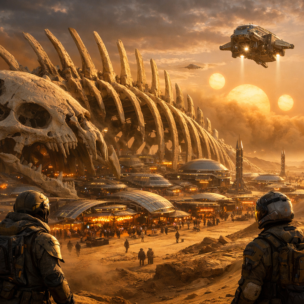 Generated image for: Generate a cinematic science-fiction image of a futuristic desert colony built around the skeleton of a giganti…
