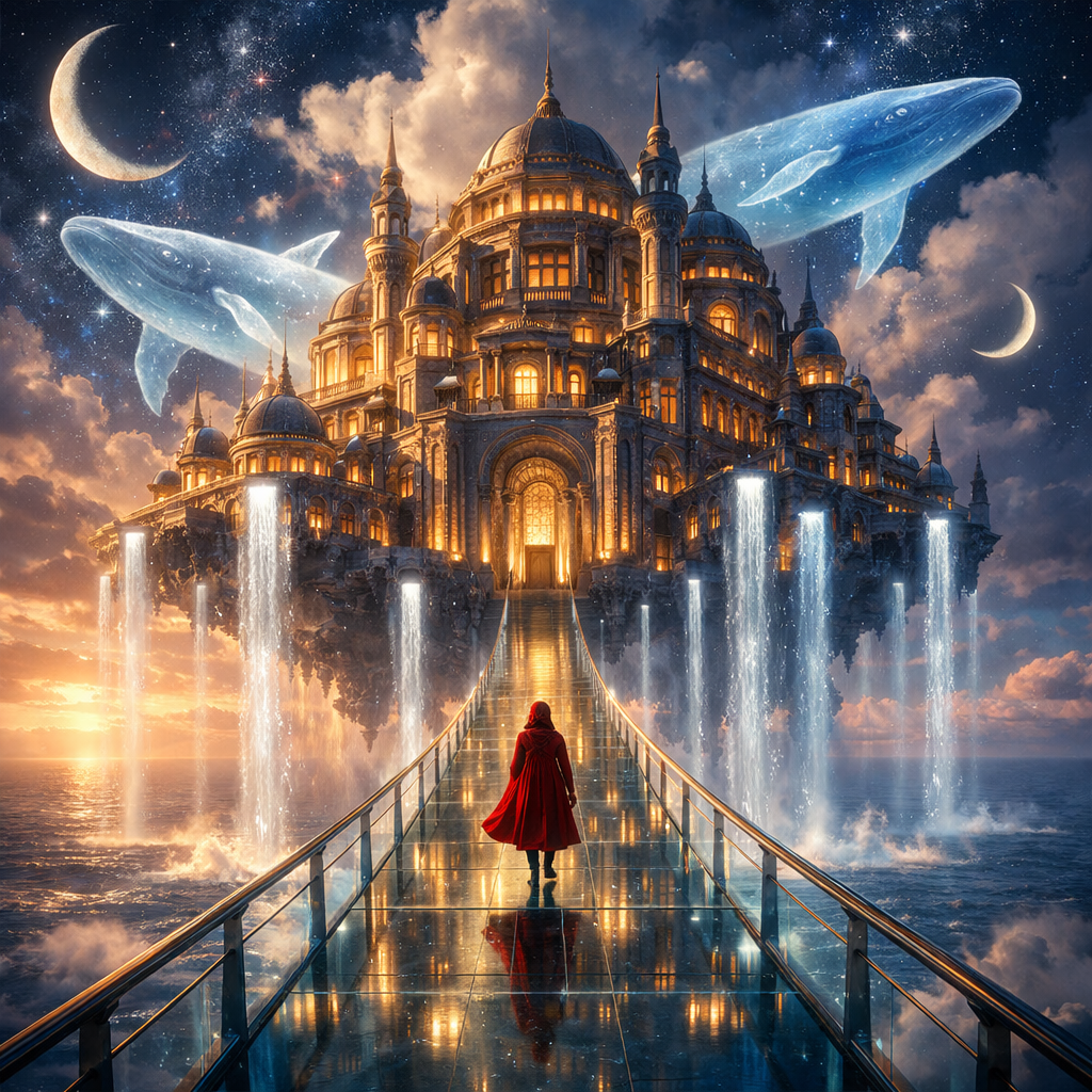 Generated image for: Generate an image of a colossal ancient library floating above an endless ocean at twilight.
