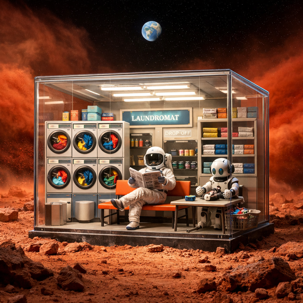 Generated image for: Generate an image of a tiny, perfectly organized laundromat built inside a transparent glass cube resting on the surface