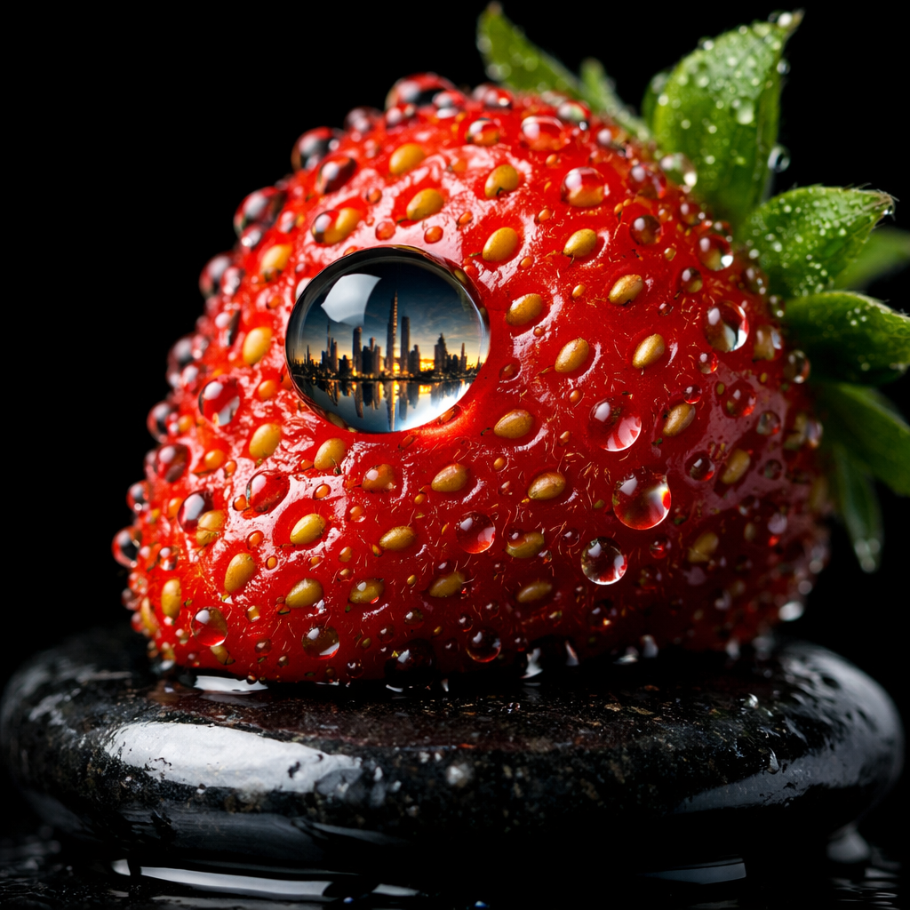 Generated image for: Generate an image of an extreme macro photograph of a single strawberry covered in tiny droplets of water, sitting on a 