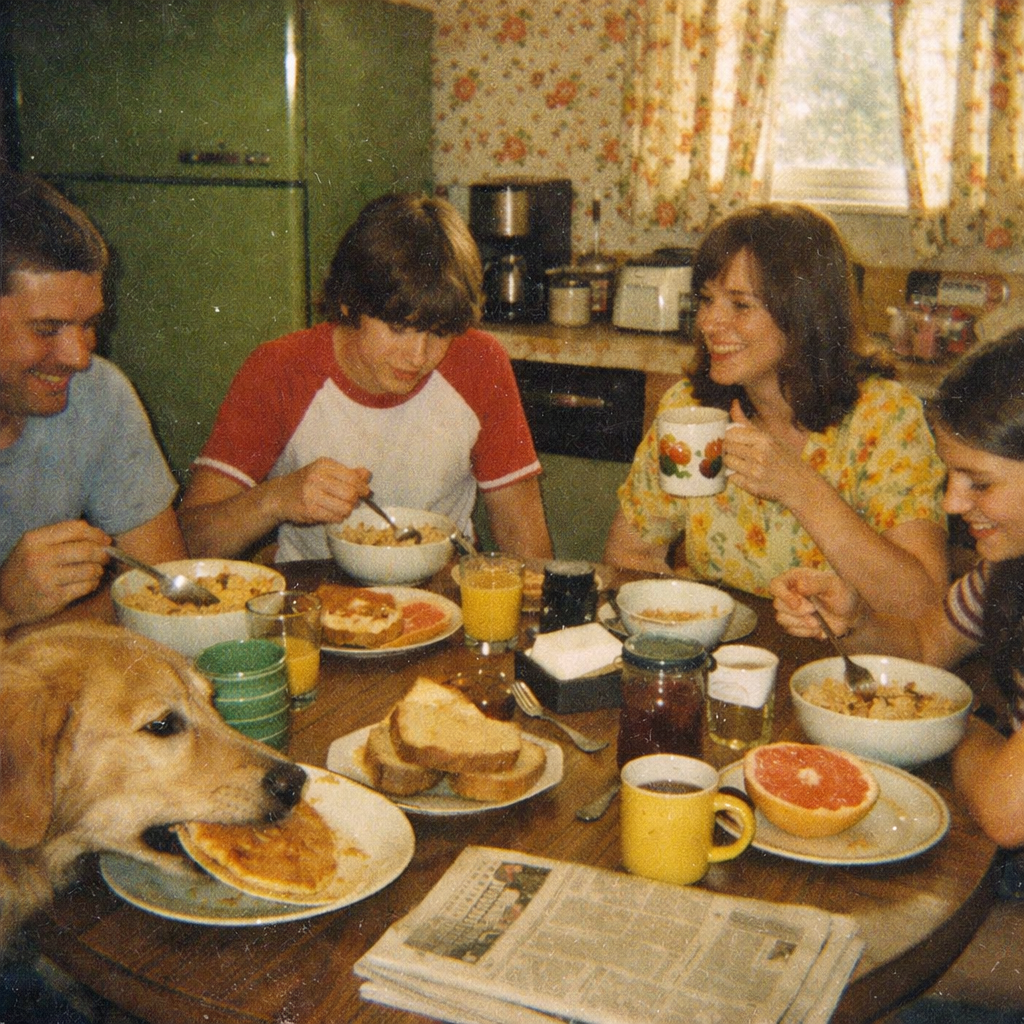 Generated image for: Generate an image of a 1970s suburban family breakfast captured like an old disposable-camera photograph.

Generate an i