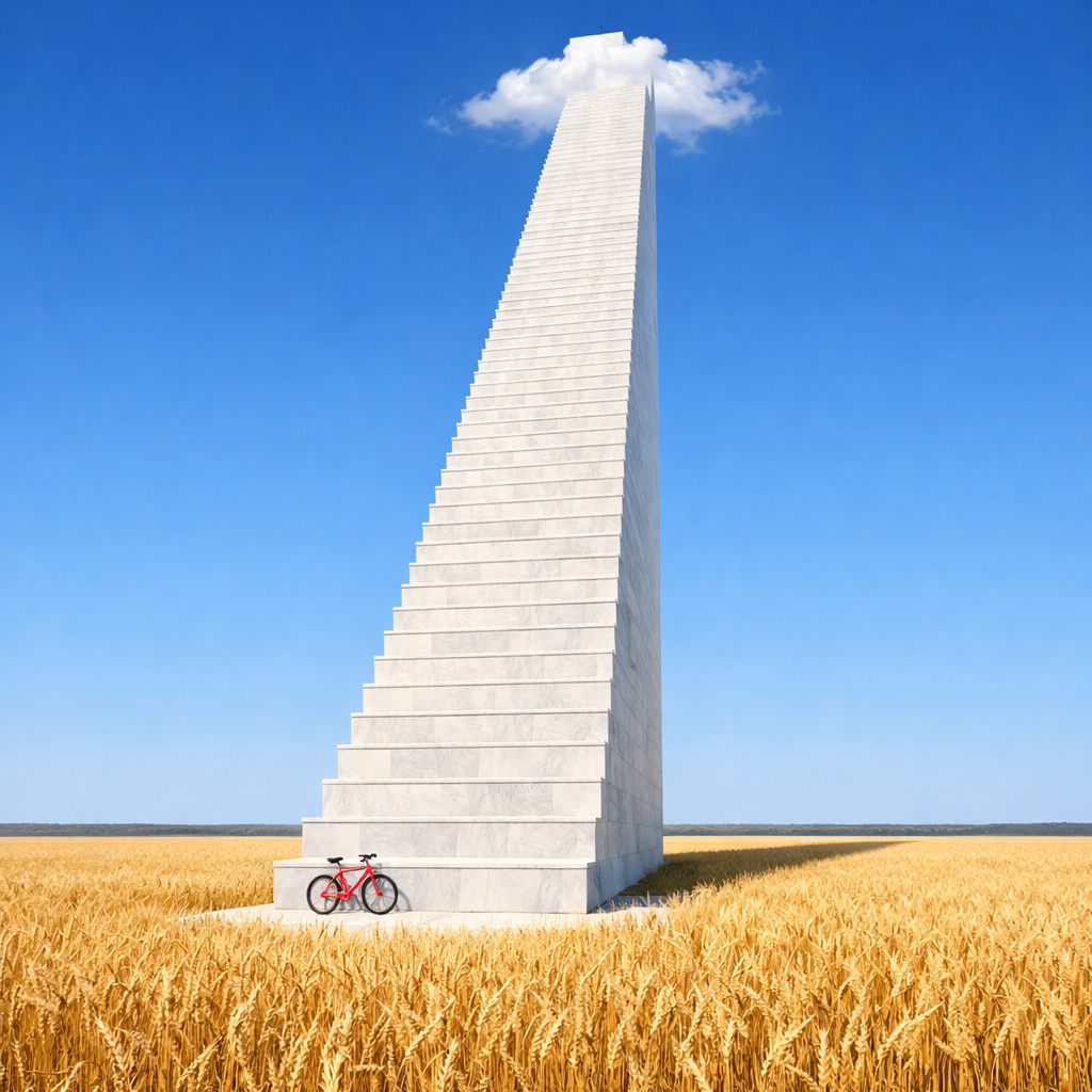 Generated image for: Generate an image of a colossal white marble staircase rising out of the middle of a vast golden wheat field under a com
