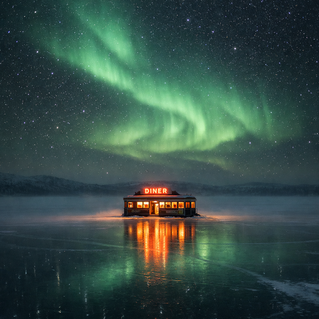 Generated image for: Generate an image of a tiny vintage diner perched alone on a frozen lake at night, surrounded by miles of untouched snow