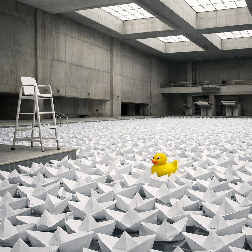 Generated image for: Generate an image of a massive indoor swimming pool completely filled with thousands of floating white paper boats inste