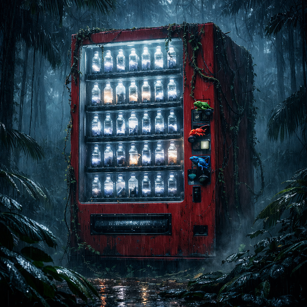 Generated image for: Generate an image of a gigantic red vending machine standing alone in the middle of a dense tropical rainforest.

Genera