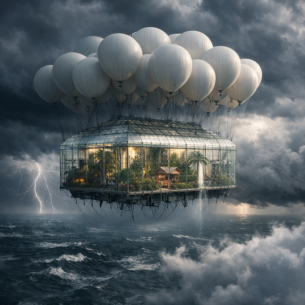 Generated image for: Generate an image of a gigantic transparent glass greenhouse floating high above a stormy ocean, suspended by dozens of 