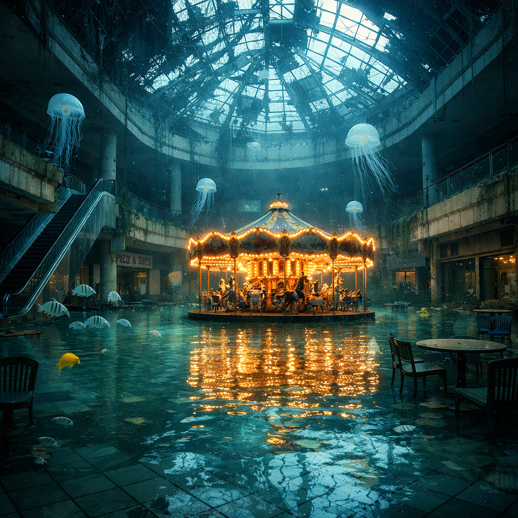 Generated image for: Generate an image of an enormous abandoned shopping mall completely overtaken by shallow seawater.

Generate an image of