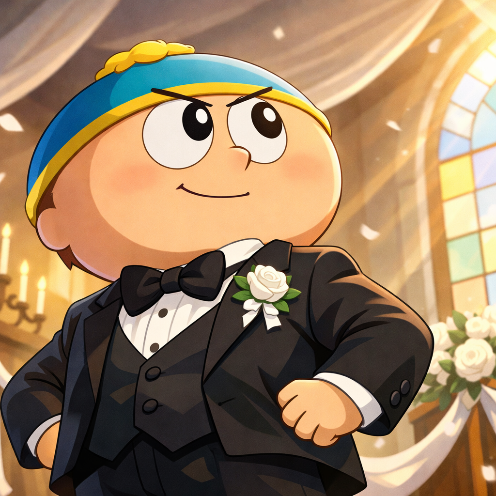 Generated image for: Generate image with Eric Cartman from South Park in his signature headwear ,canonically short and less stubby , big roun