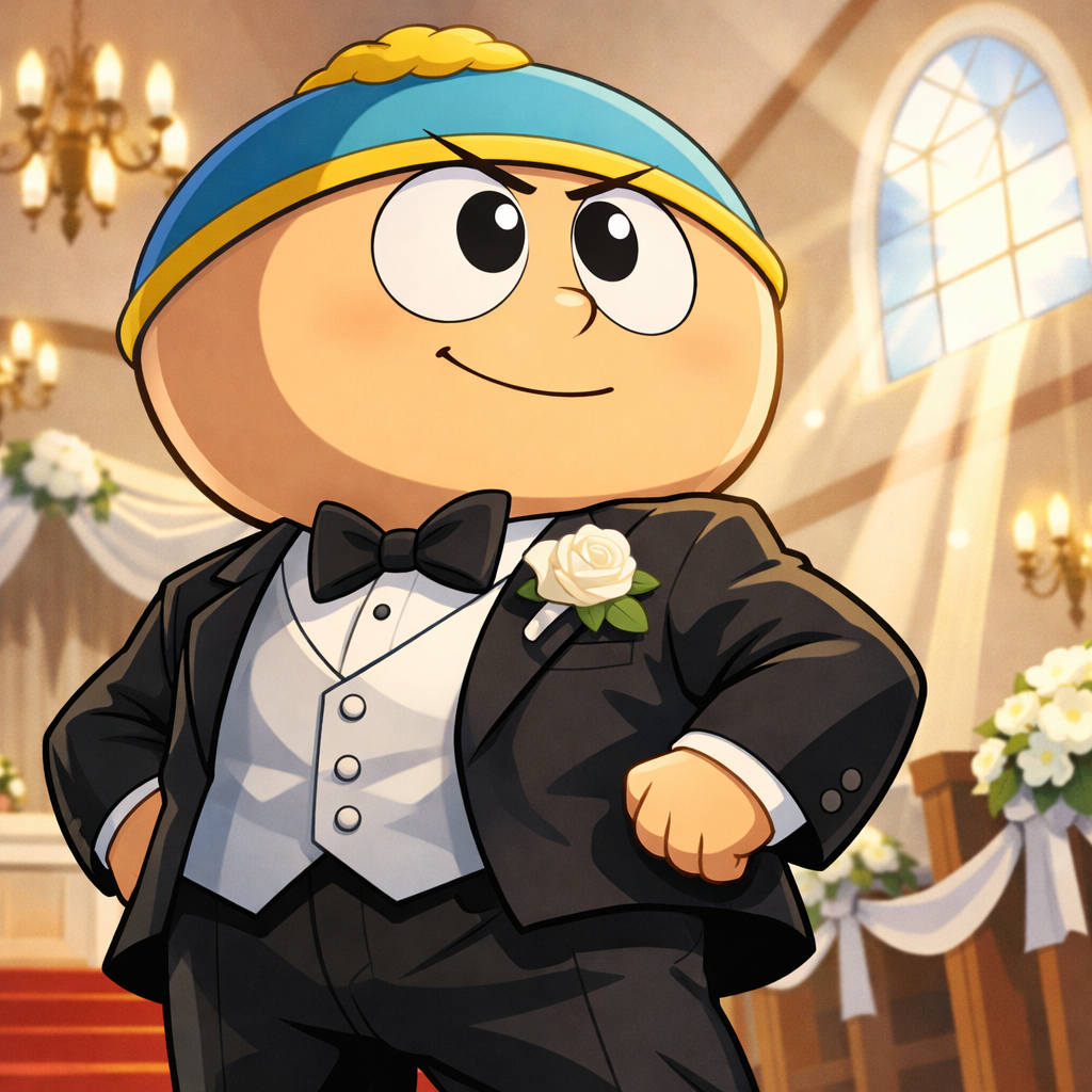 Generated image for: Generate image with Generate image with Eric Cartman from South Park in his signature headwear ,canonically short and le