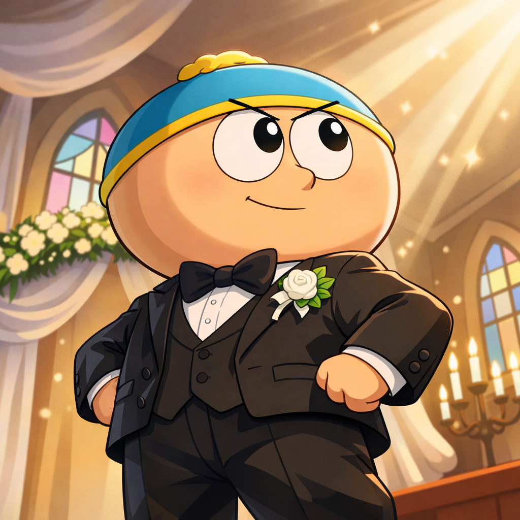 Generated image for: Generate image with Eric Cartman from South Park in his signature headwear ,canonically short and less stubby ,…