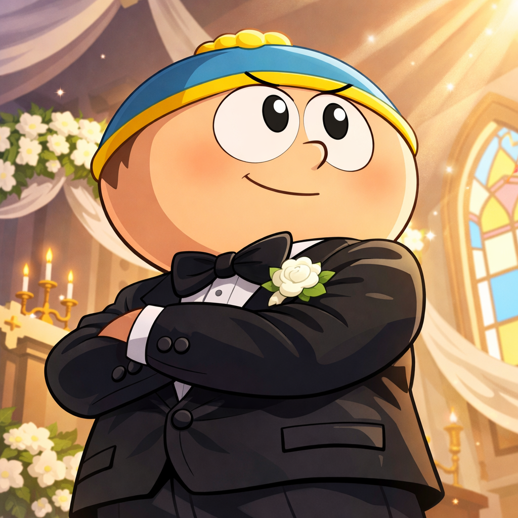 Generated image for: Generate image with Eric Cartman from South Park in his signature headwear ,canonically short and less stubby ,…