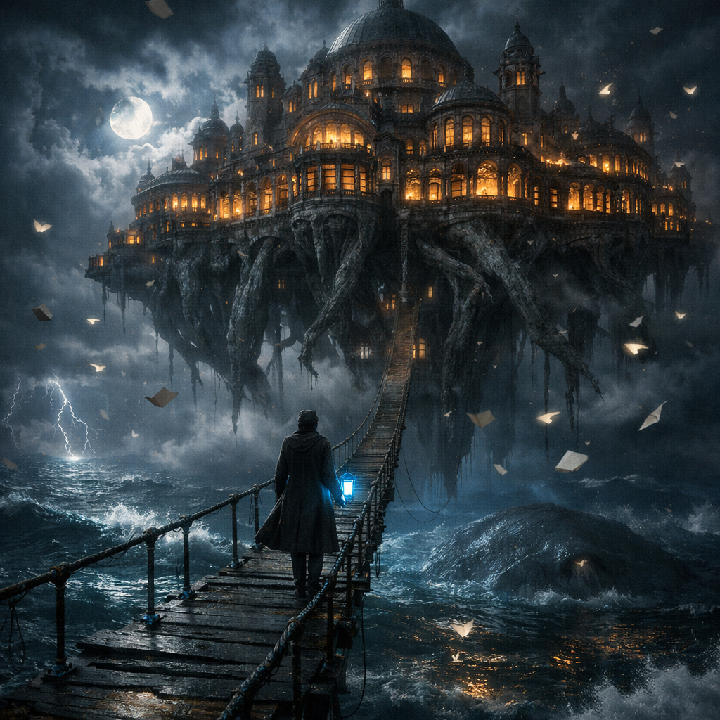 Generated image for: Create a breathtaking cinematic scene of a massive ancient library floating above a stormy ocean at night, supp…