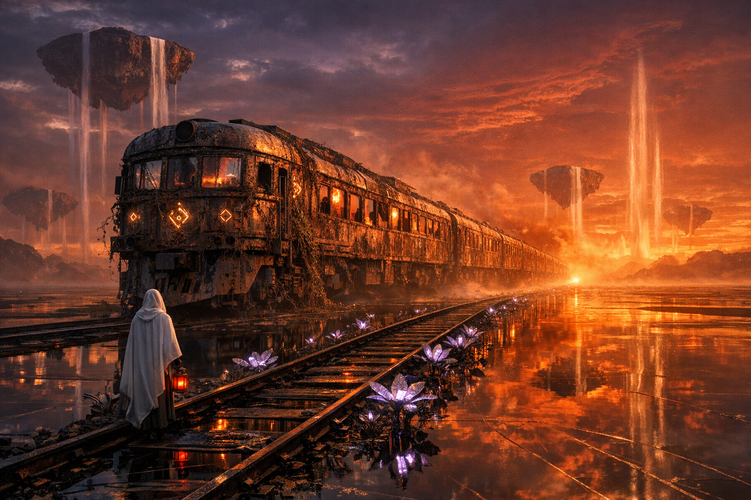 Generated image for: Create a surreal cinematic scene of a gigantic abandoned train crossing an endless desert made of black glass a…