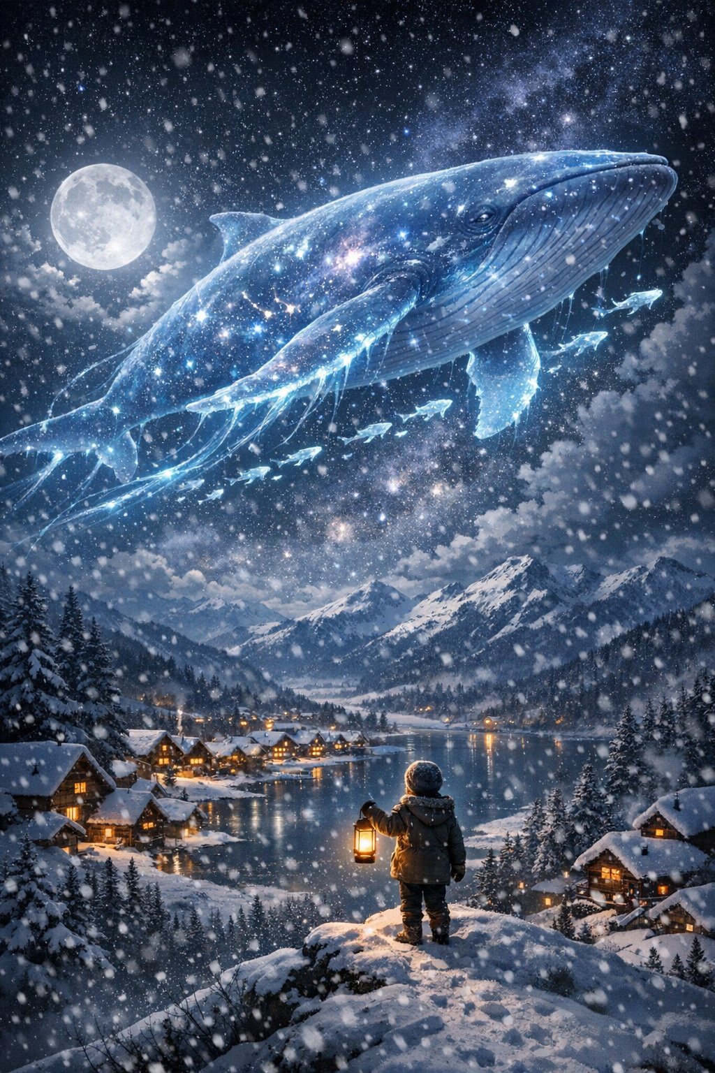 Generated image for: Create an awe-inspiring night scene of a colossal translucent whale swimming through the sky above a sleeping m…